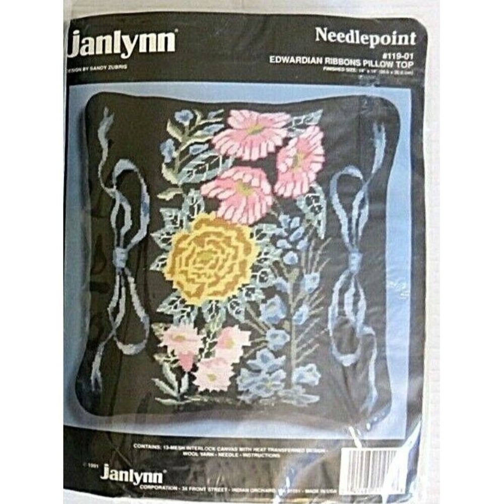 Janlynn Needlepoint Edwardian Ribbons Pillow Top Kit Flowers on Black Base119-01